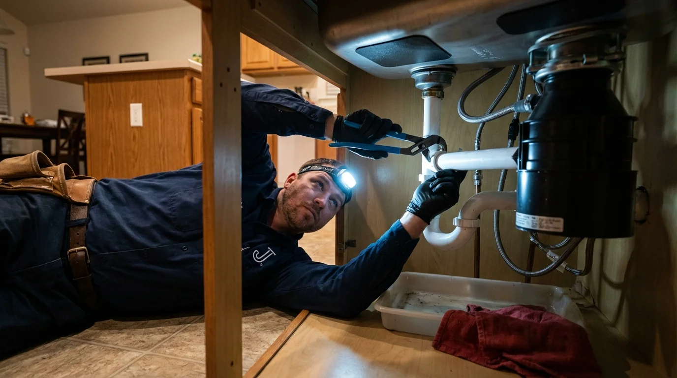 P-trap and supply line connections under a kitchen sink showing a common leak point in Franklin, KY